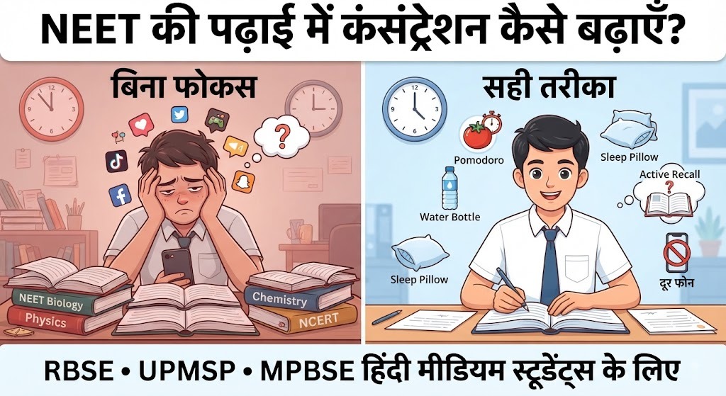 NEET की पढ़ाई में कंसंट्रेशन कैसे बढ़ाएँ — घंटों फोकस के आसान तरीके